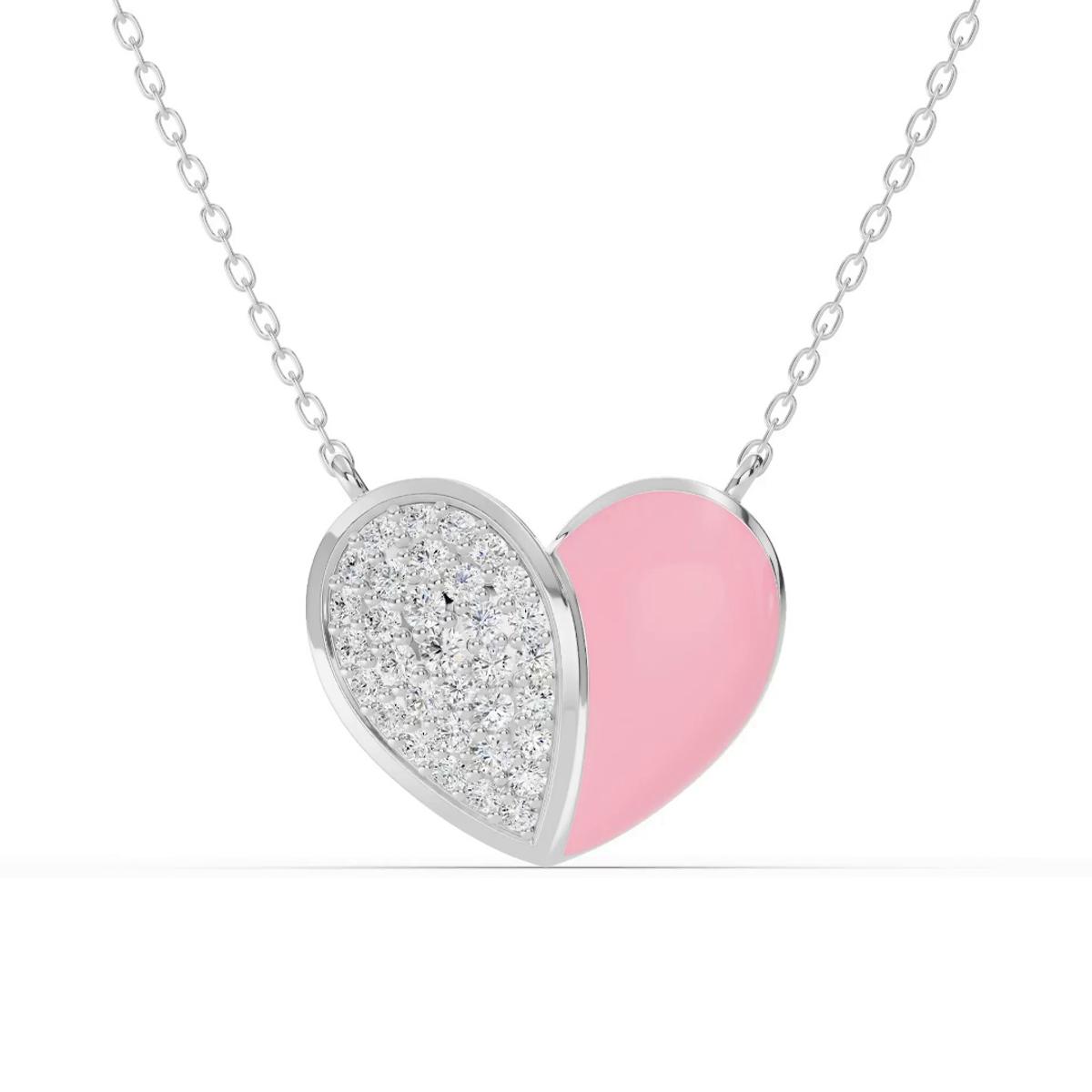 360 degree view of Amara Pink Ceramic Lab Pavé Heart Necklace