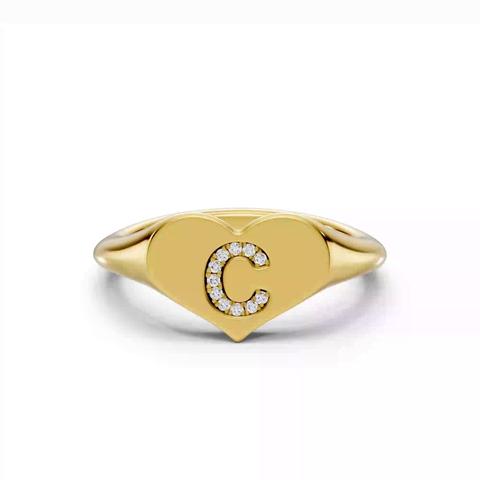 360 degree view of Heart Pavé Lab Diamond Initial Signet Ring - C