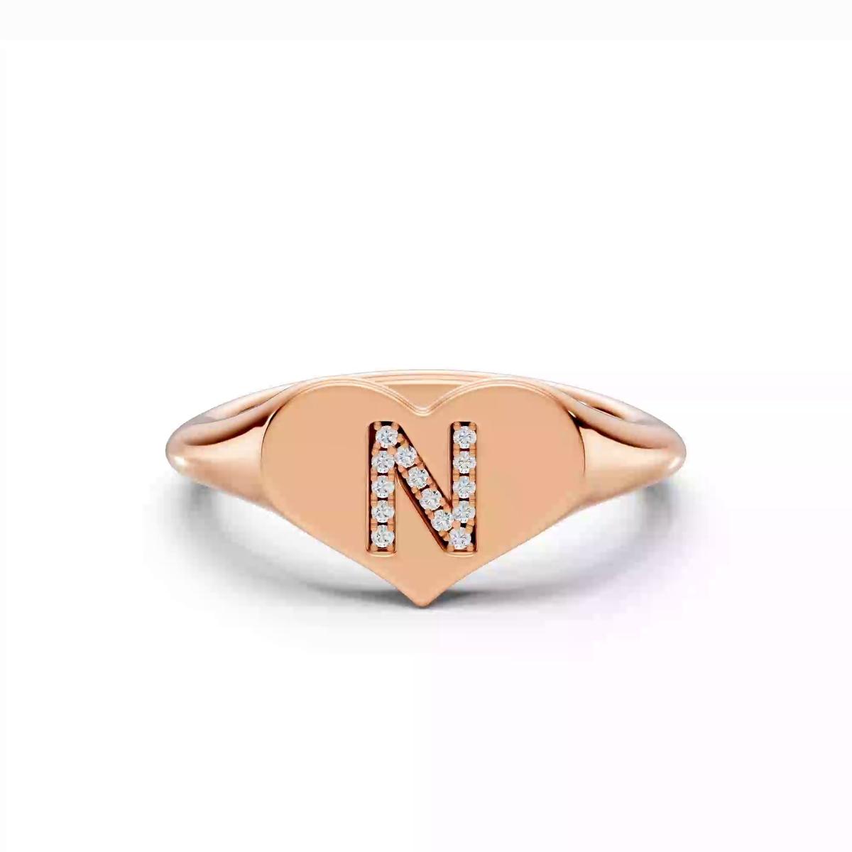 360 degree view of Heart Pavé Diamond Initial Signet Ring - N