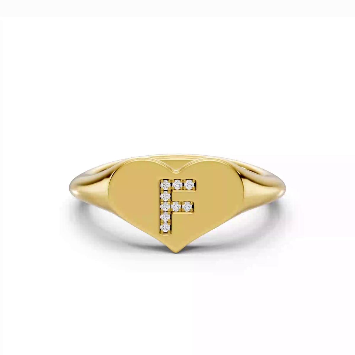 360 degree view of Heart Pavé Diamond Initial Signet Ring - F