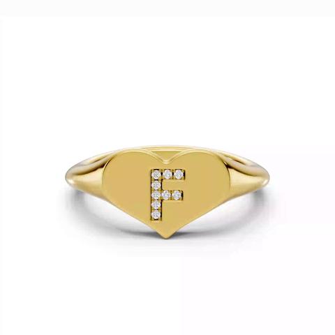 360 degree view of Heart Pavé Diamond Initial Signet Ring - F