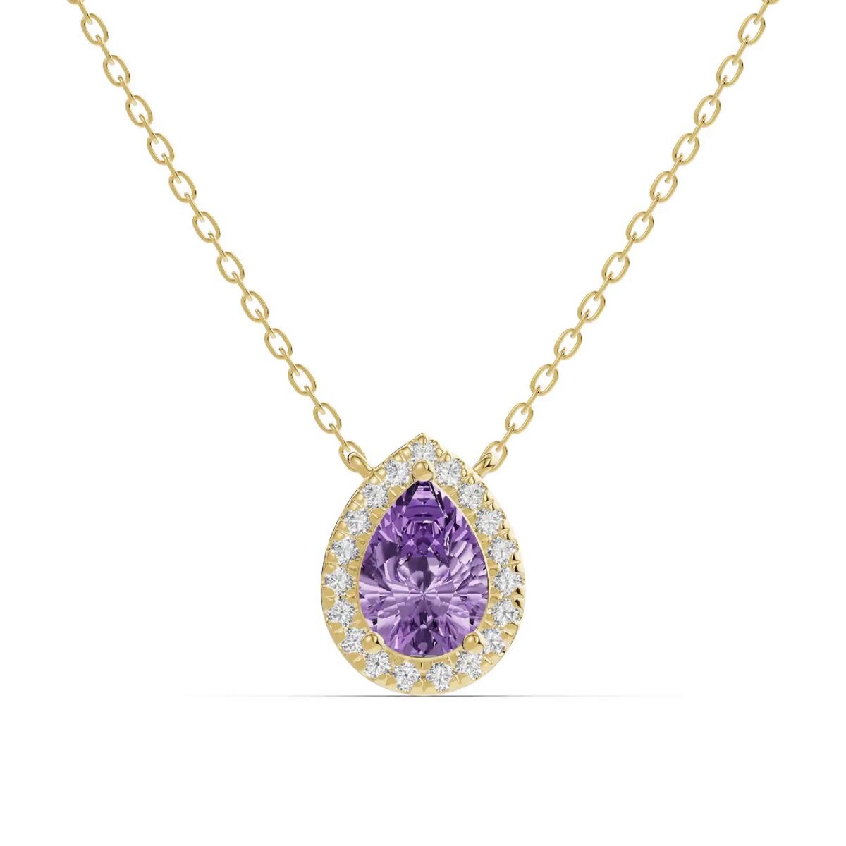 360 degree view of Pear Amethyst Lab Diamond Halo Pendant