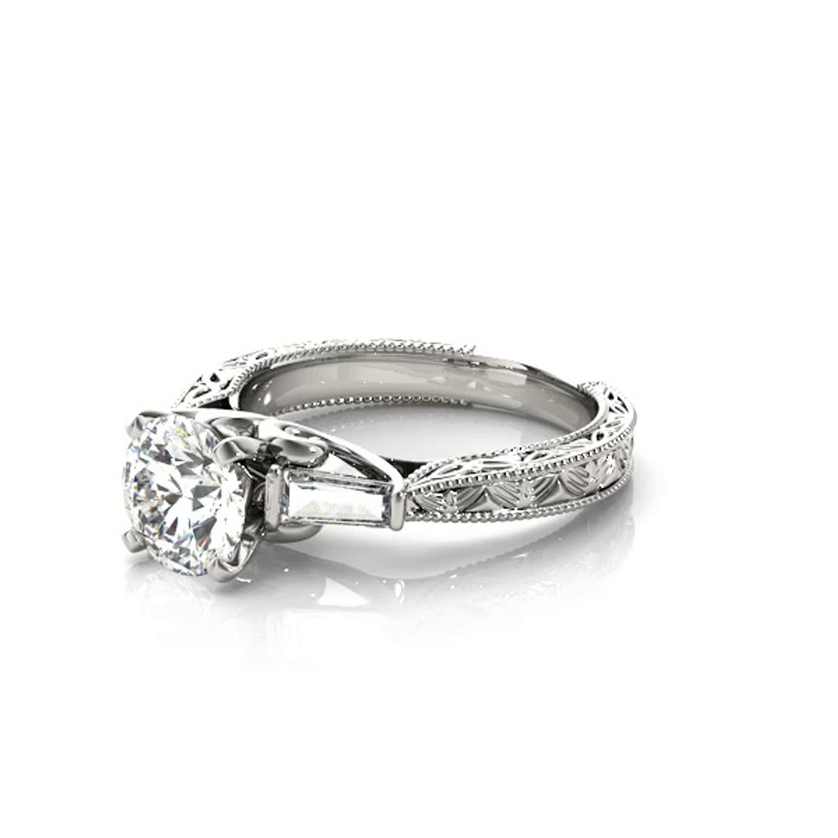 360 degree view of Vivi Vintage Inspired 3 Stone Baguette Diamond Engagement Ring