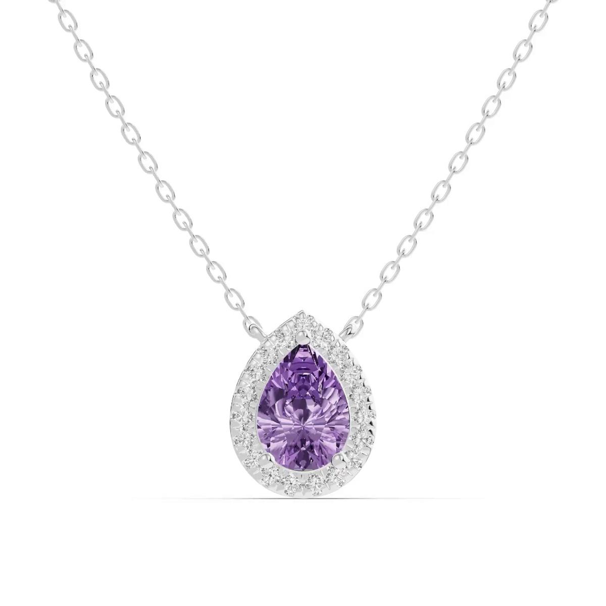 360 degree view of Pear Amethyst Lab Diamond Halo Pendant
