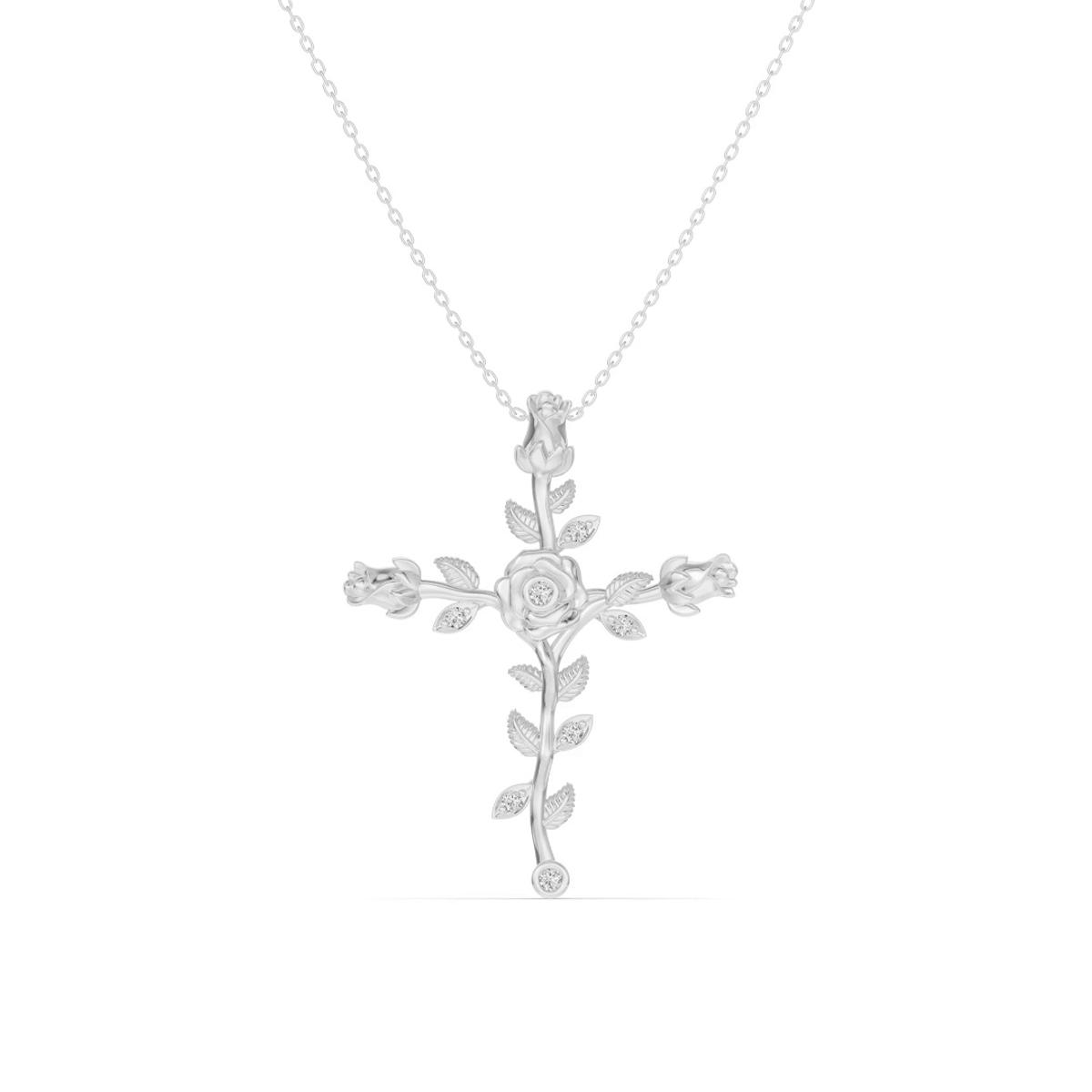 360 degree view of Rosebud Cross Lab Diamond Silver Pendant