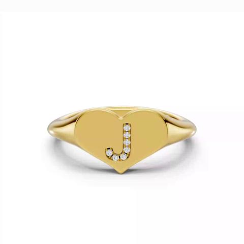 360 degree view of Heart Pavé Diamond Initial Signet Ring - J