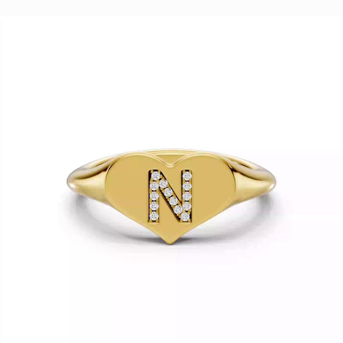 360 degree view of Heart Pavé Diamond Initial Signet Ring - N