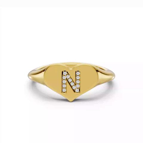 360 degree view of Heart Pavé Diamond Initial Signet Ring - N