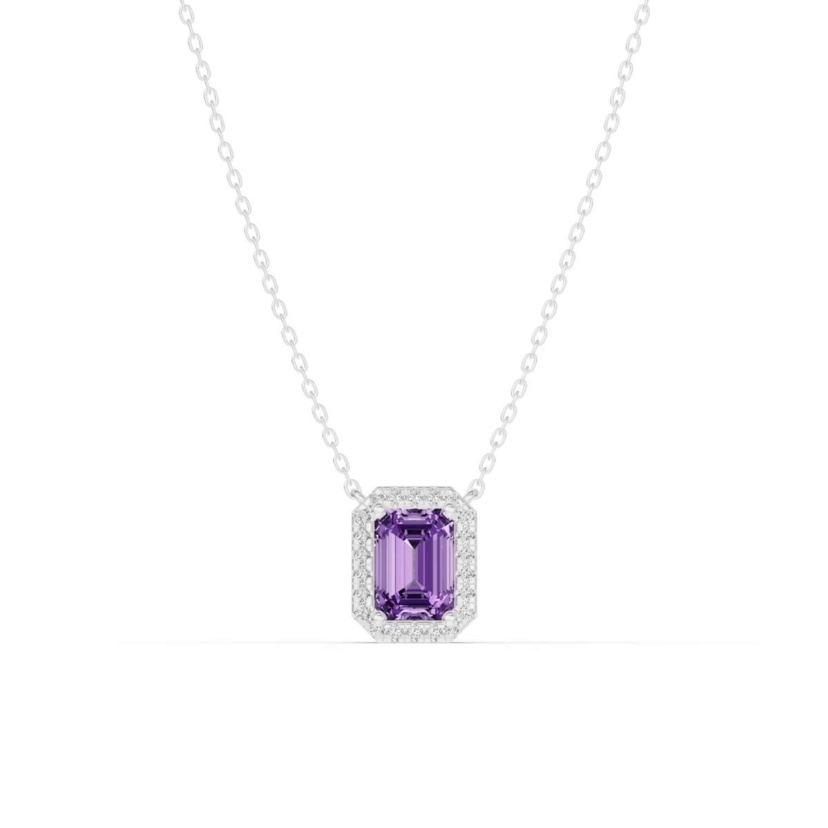 360 degree view of Halo Emerald-Cut Amethyst Silver Necklace