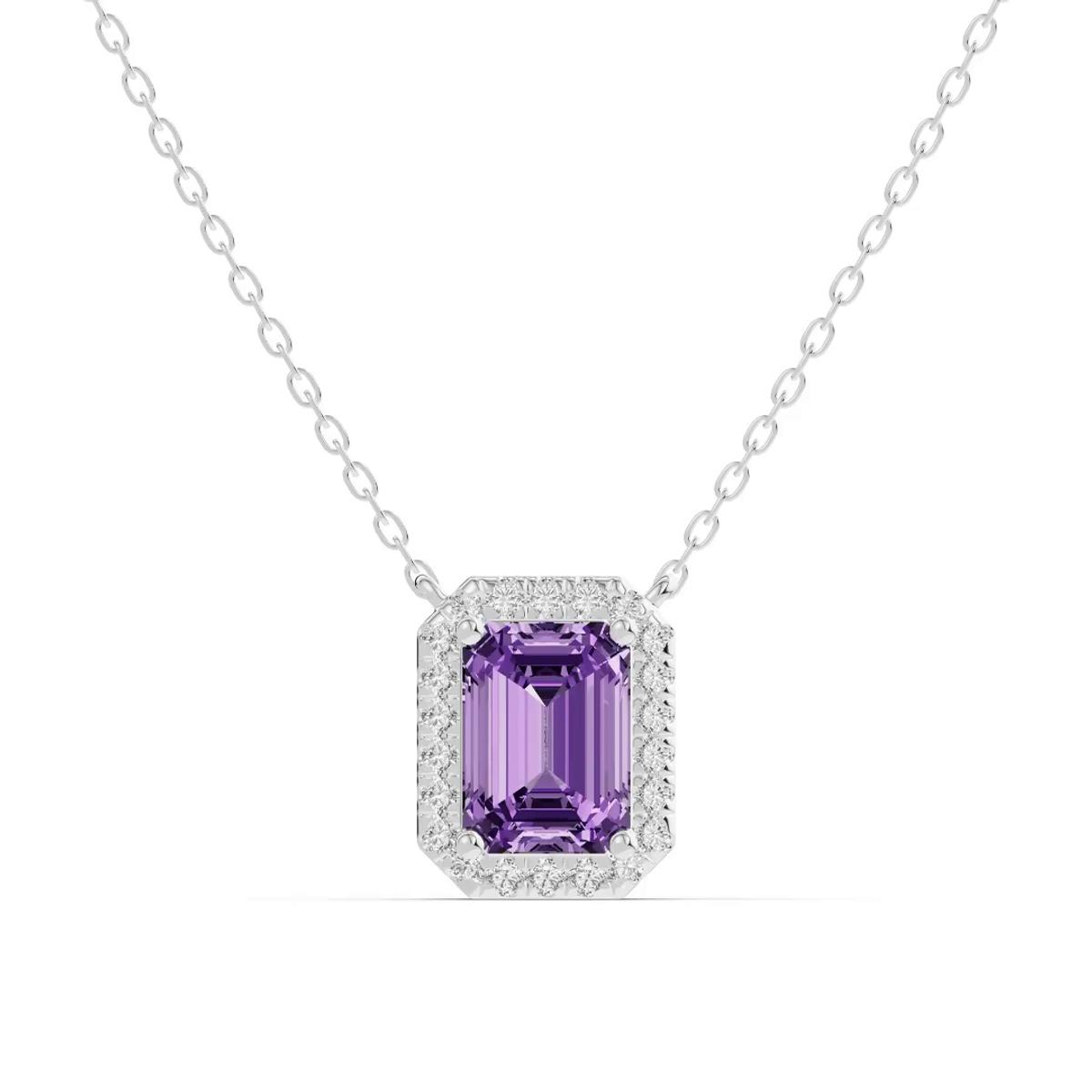 360 degree view of Emerald Amethyst Lab Diamond Halo Pendant