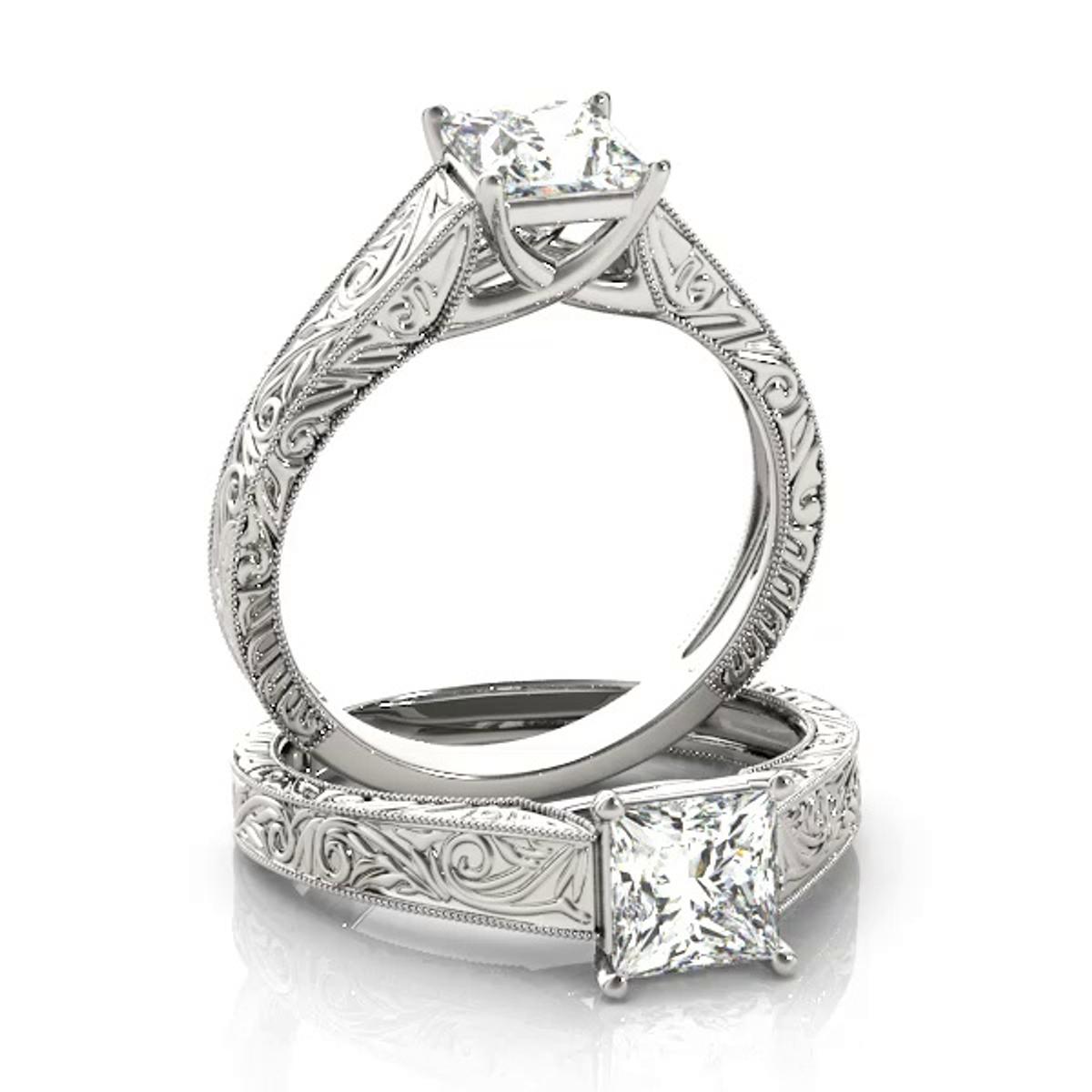 360 degree view of Sahara Princess Cut Engraved Solitaire Engagement Ring